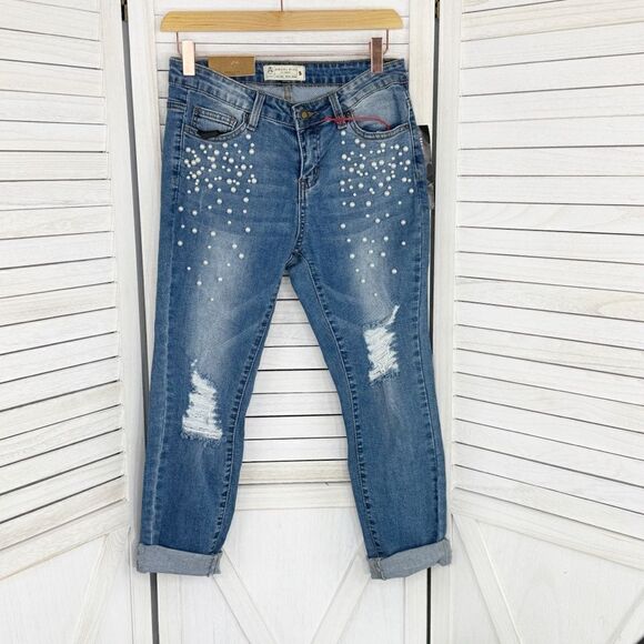 Angel Kiss Pearl Detail Destructed Rolled Cuff Skinny Jeans Blue Juniors 5 - Picture 1 of 15